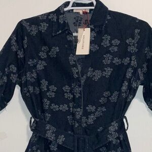 ANTHROPOLOGIE SOLITAIRE DARK DENIM FLORAL SHORT SLEEVE BELTED SHORT DRESS L NWT